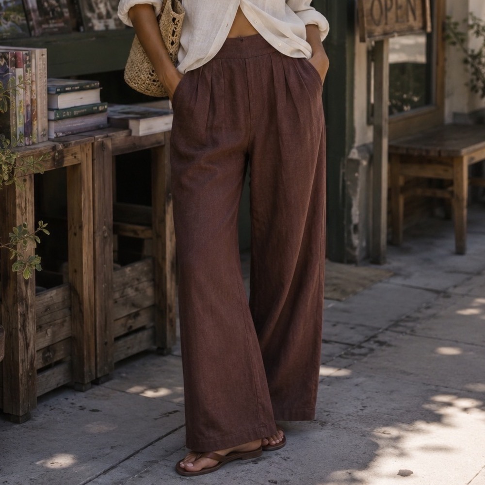 Abercrombie & Fitch Linen Blend Pleated Wide Leg Pants Womens Small Brown